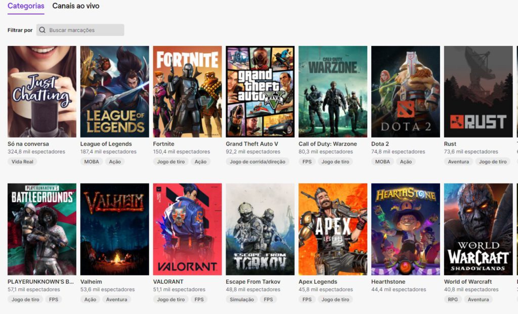 print screen de categorias mais populares da Twitch