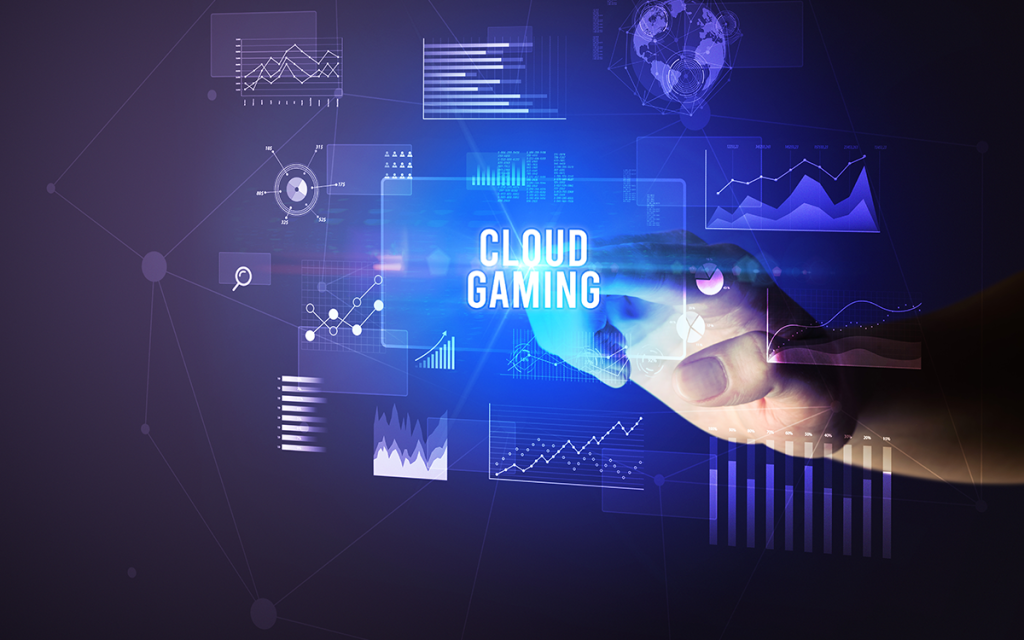 Mão tocando em elemento holográfico escrito com "Cloud Gaming", ou Jogos em Nuvem.