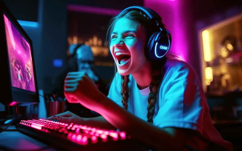 garota gamer comemorando vitória em jogo online com headset