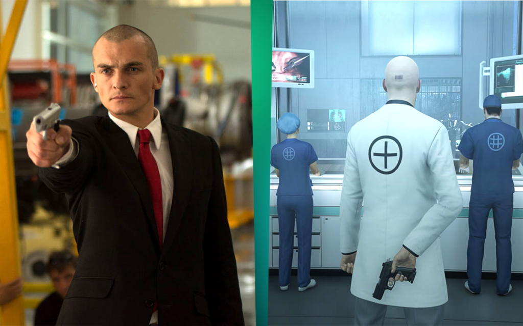 Comparação de cena de filme Hitman com jogo Hitman