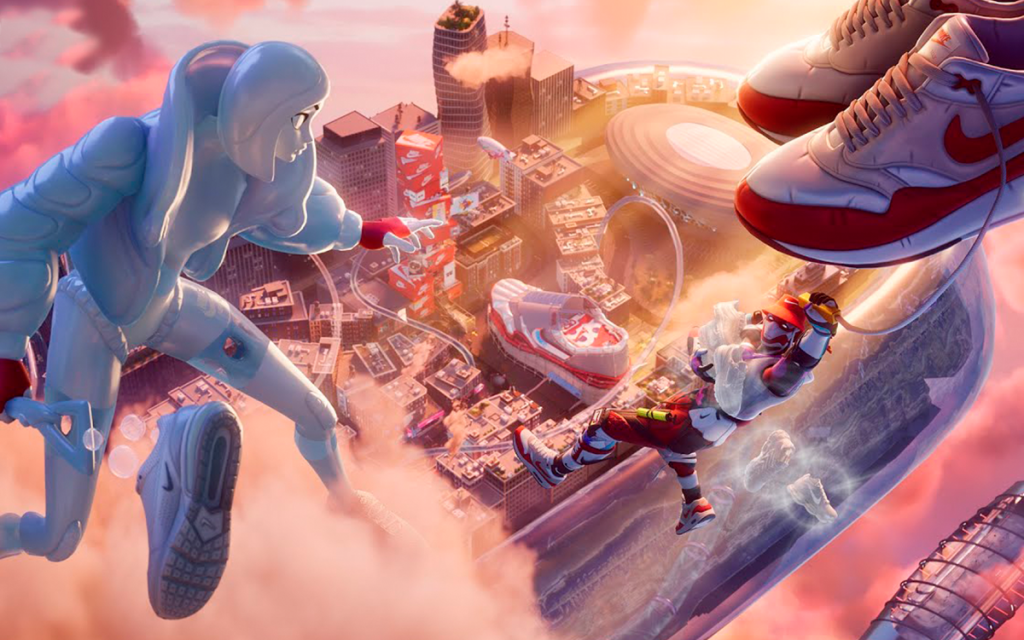 Arte conceito de ação entre Nike e Fortnite sendo uma publicidade in-game conhecida dos últimos anos