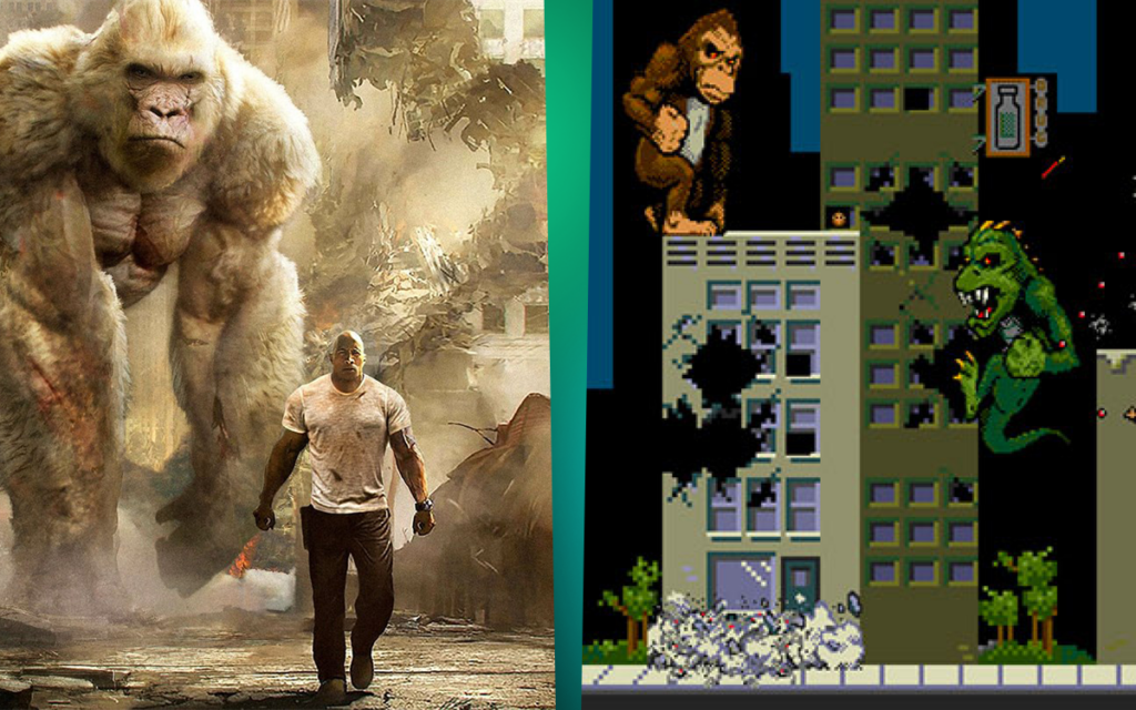 Capa do filme Rampage e imagem do jogo dos anos 90 Rampage