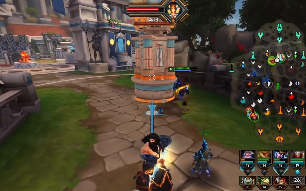 Personagem de Smite, um dos principais jogos moba da atualidade, executando um ataque na torre,