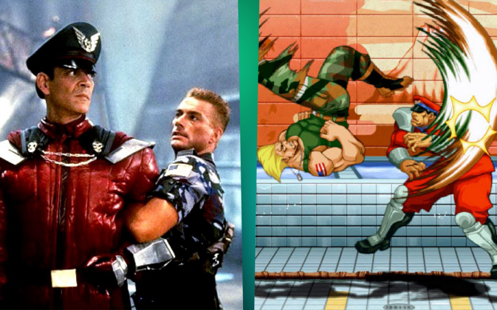 Cena de Street Figther, um dos filmes de jogos mais populares dos anos 80, e imagem do jogo Street Fighter 2 ao lado