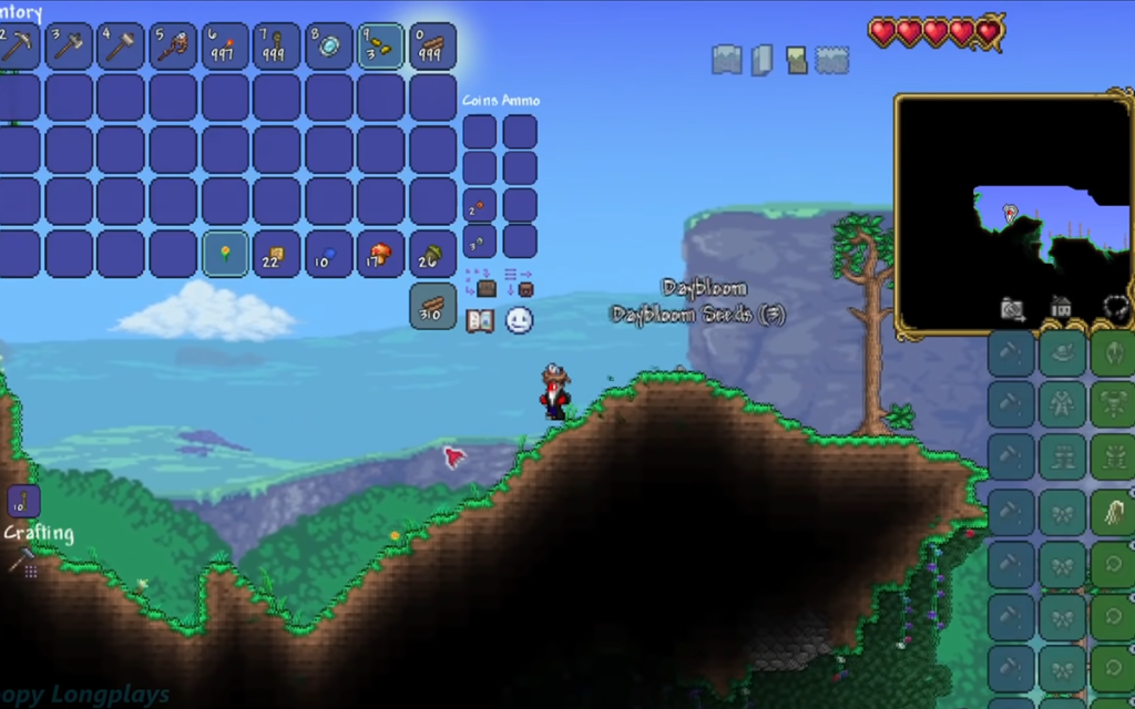 Imagem do jogo Terraria mostrando o inventário do jogo sendo esse um dos jogos indies mais vendidos.