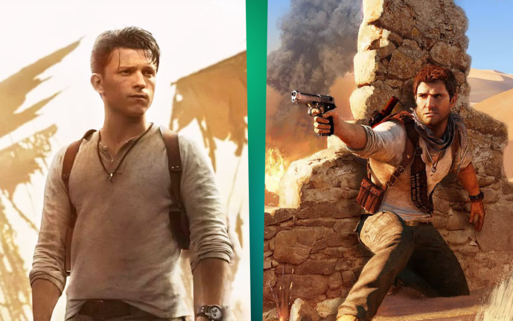 Cena do filme Uncharted, um dos últimos filmes de jogos lançados recentemente, ao lado de imagem do jogo da franquia