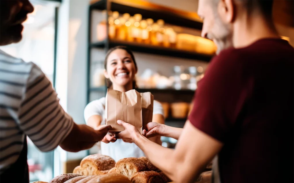 Uma jovem caucasiana sorridente, vestindo um avental, entrega uma sacola de papel para um cliente em uma padaria investindo em customer experience com atendimento personalizado. O cliente, um homem com uma camiseta listrada, parece feliz enquanto recebe a sacola. O ambiente tem uma atmosfera acolhedora com pães e doces ao fundo.